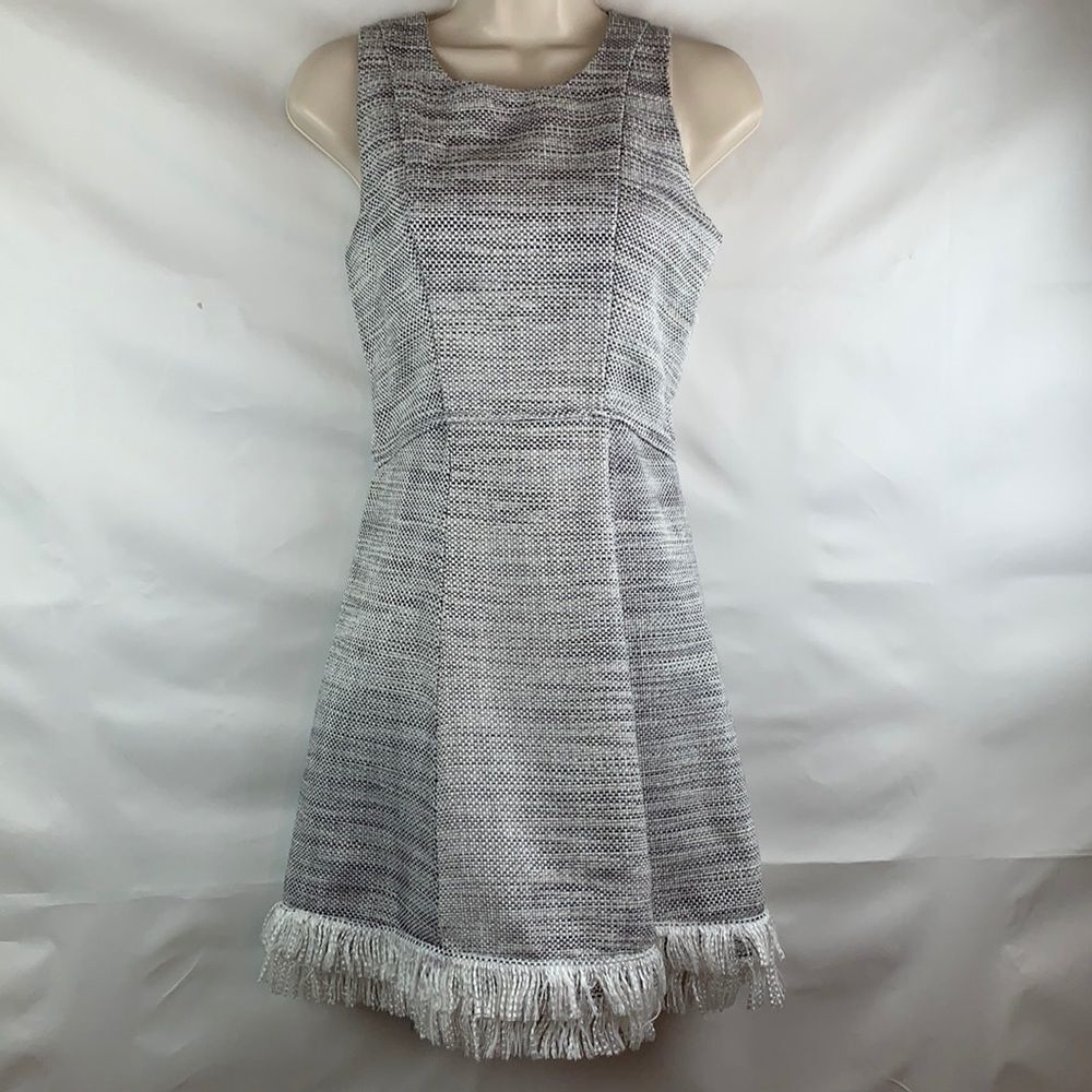 Loft gray and white tweed dress with fringe hem